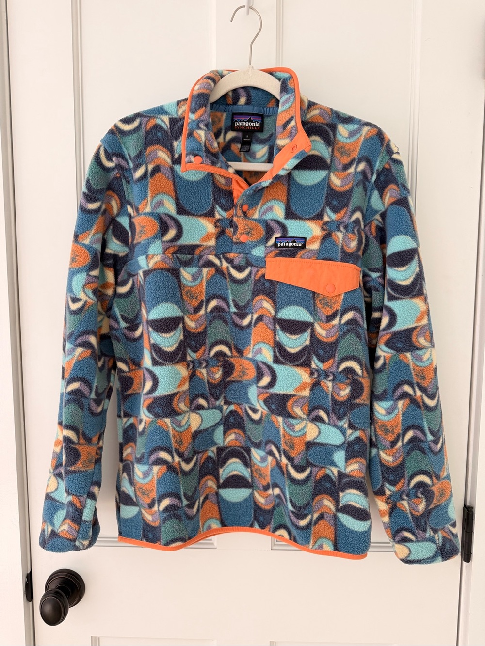 Patagonia Kids Fleece Pullover in Teal, Orange & Navy Geometric Print